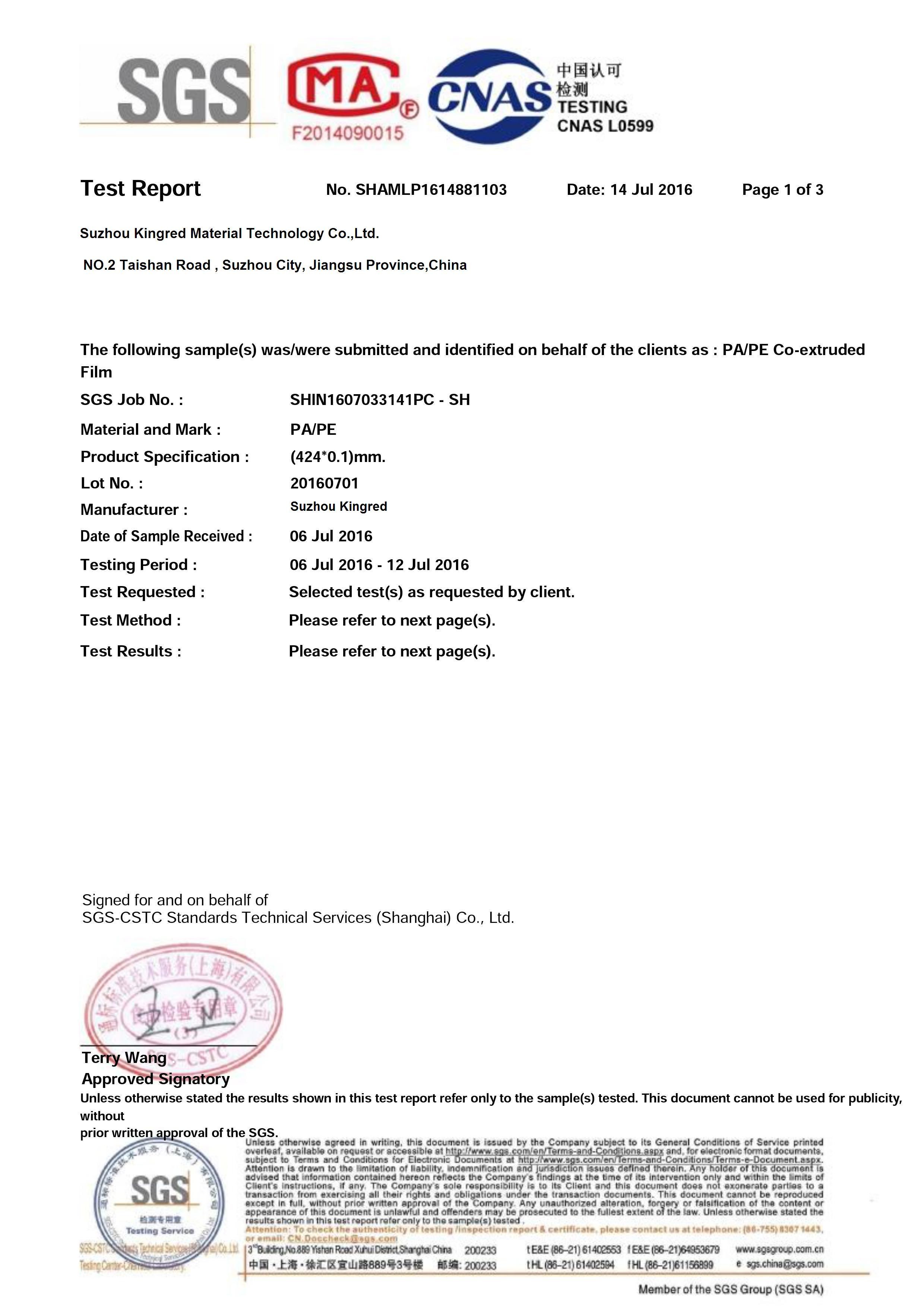 La Chine Suzhou Kingred Material Technology Co.,Ltd. Certifications